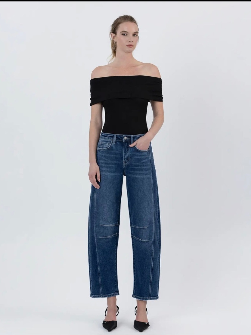 021. Flying Monkey, High-rise dark wash Barrel Jean